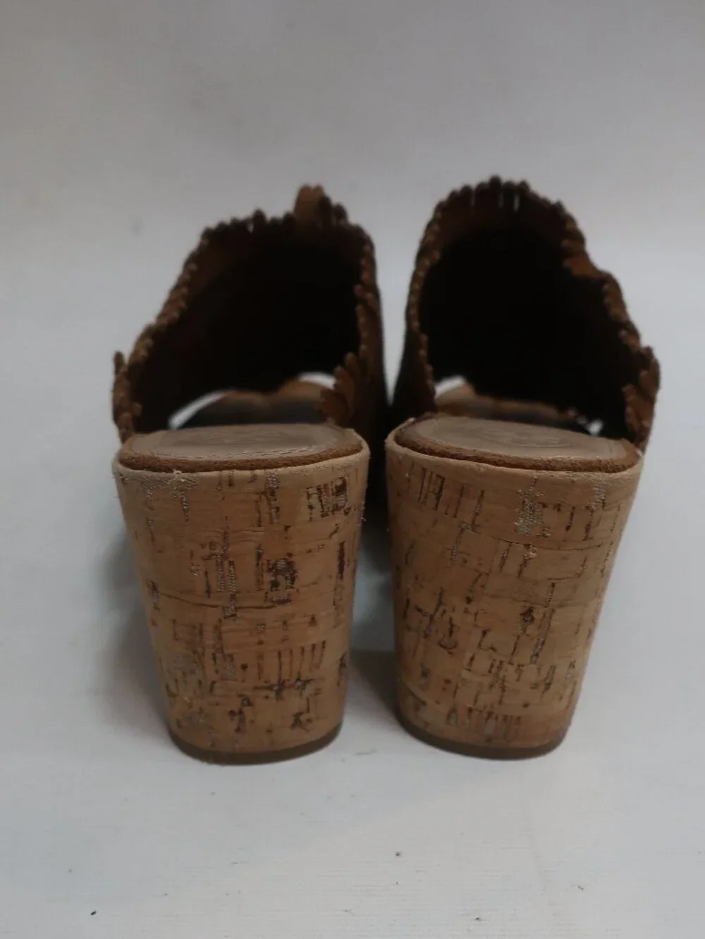 Womens Tory Burch Huntington Brown Fringed Suede Cork Block Heeled Sandals 7.5